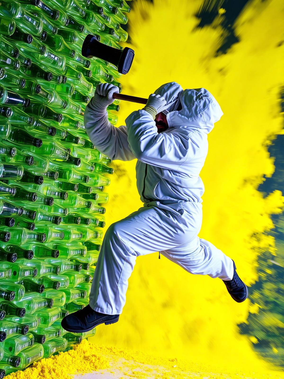 Person in hazmat suit smashing bottles